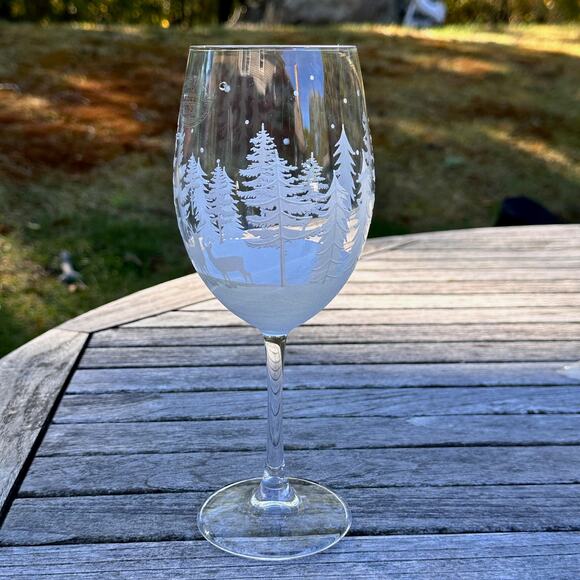Christmas Tree & Reindeer Stemless Wine Glass 9” Frosted Winter Forest NEW - Picture 8 of 12